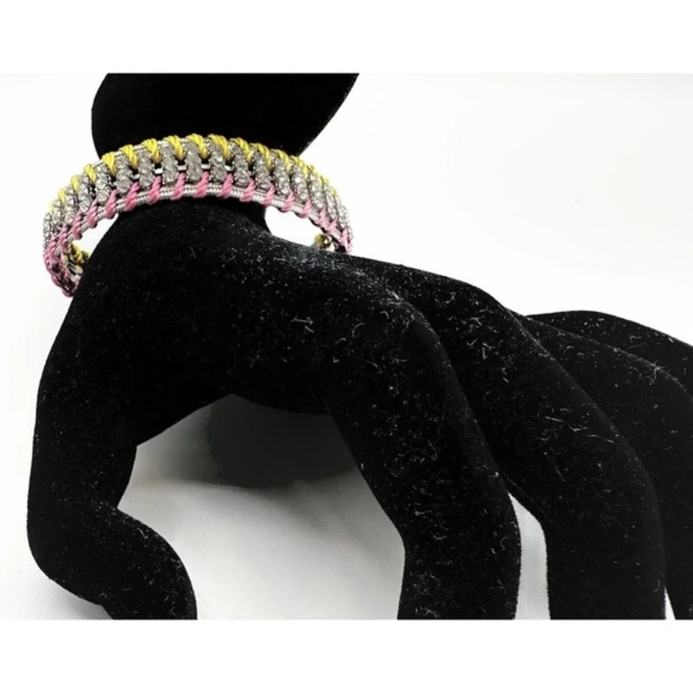 LOFT‎ Woven Rhinestone Cord Bracelet Silver Tone Pink Yellow Magnetic Clasp J-01